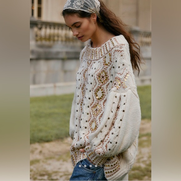 NWOT Free People Gilded Cable Embellished Sweater - Picture 5 of 12